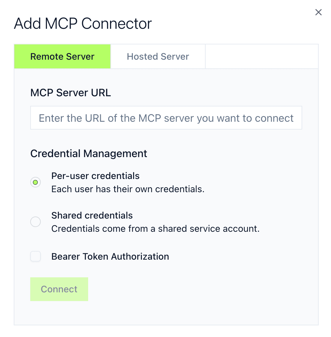 MCP Gateway Add Connector - One-click deployment interface